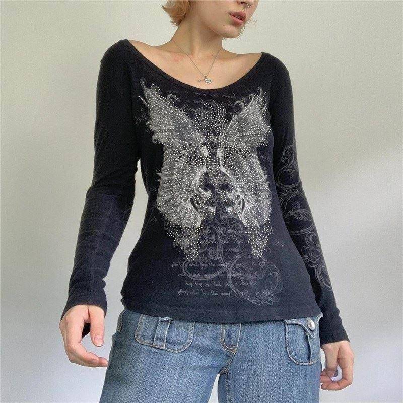 T Shirt Women Grunge Tops Rhinestone y2k Clothes Streetwear