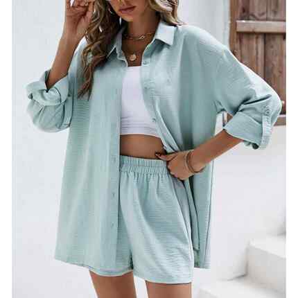 纯色长袖衬衫短裤时尚休闲套装Women solid color casual suit
