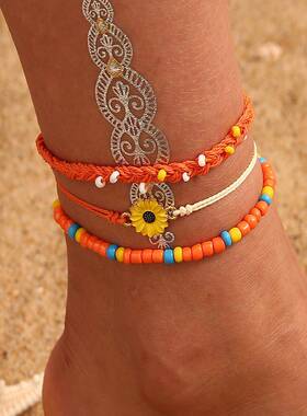 Woven turquoise sunflower handmade rice bead anklet休闲脚链