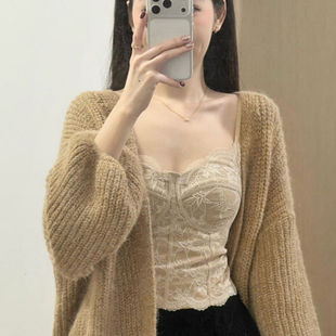 鱼骨胸衣蕾丝吊带背心女内搭秋冬外穿美背文胸一体带胸垫打底上衣