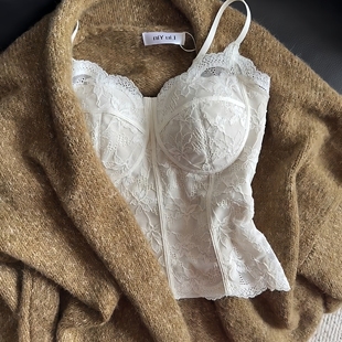 秋冬磨毛法式 显瘦6100 蕾丝纯欲吊带美背一体杯免穿文胸背心女修身