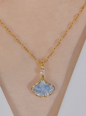 超仙蓝色银杏叶项链女高级感微镶锆石百搭锁骨链气质轻奢网红颈链