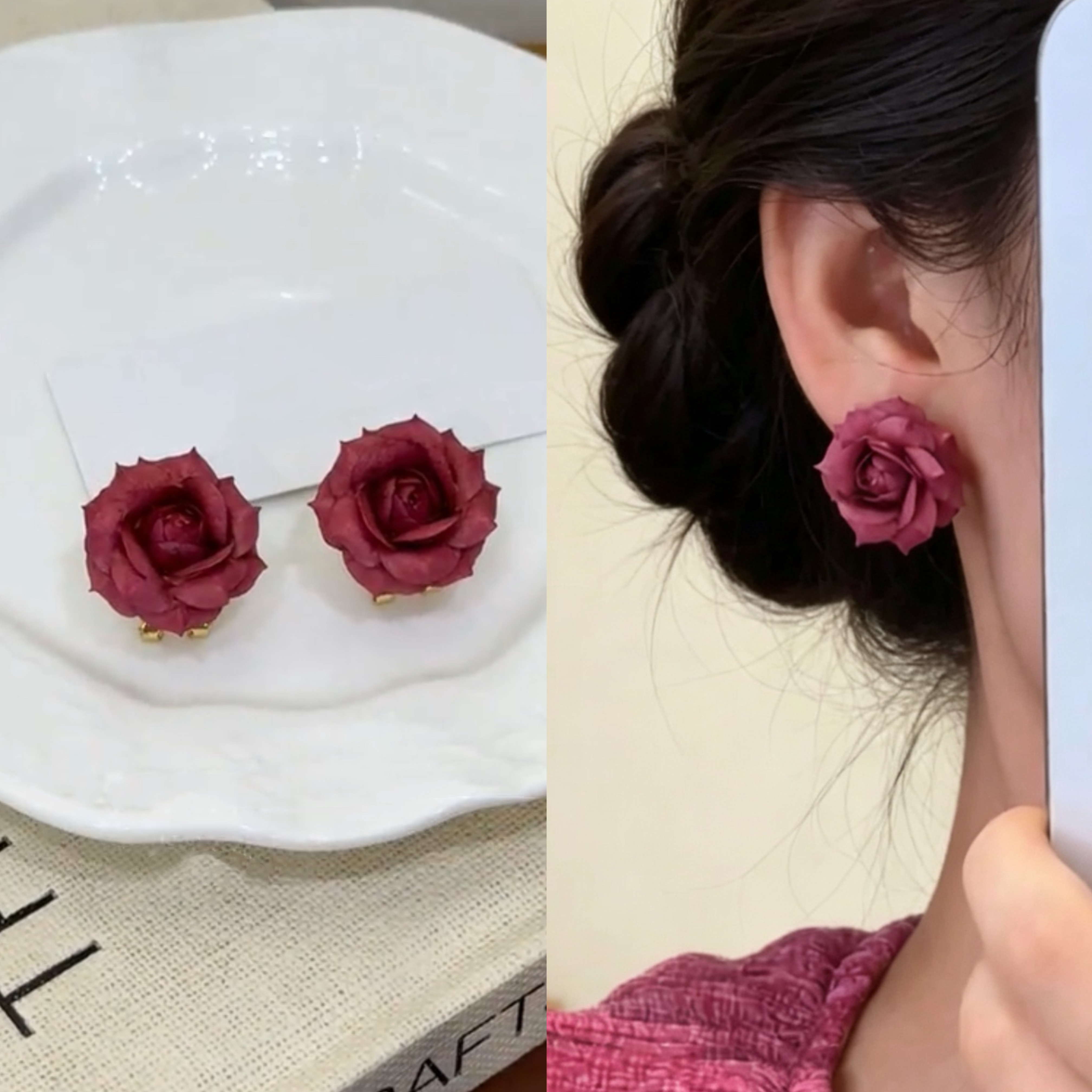 轻奢小众红色玫瑰耳钉耳扣耳饰