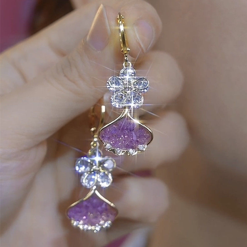 高贵优雅紫色水晶银杏叶耳环小众设计感锆石花朵耳扣气质轻奢耳饰