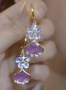 高贵优雅紫色水晶银杏叶耳环小众设计感锆石花朵耳扣气质轻奢耳饰