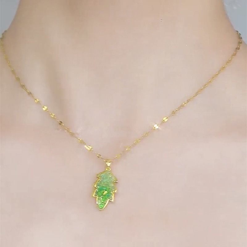 夏季清新绿色水晶树叶项链女