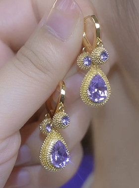 气质精致时尚百搭紫色锆石榴莲耳环女个性设计感耳扣小众水滴耳饰