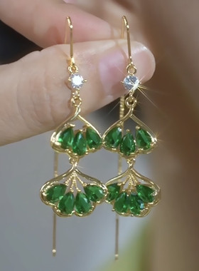 古风新中式绿色银杏叶锆石耳线女轻奢高级感长款流苏耳环气质耳饰