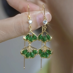 古风新中式绿色银杏叶锆石耳线女轻奢高级感长款流苏耳环气质耳饰