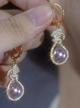精致气质满钻紫色珍珠福袋耳环女耳坠2024新款耳钉小众独特感耳饰