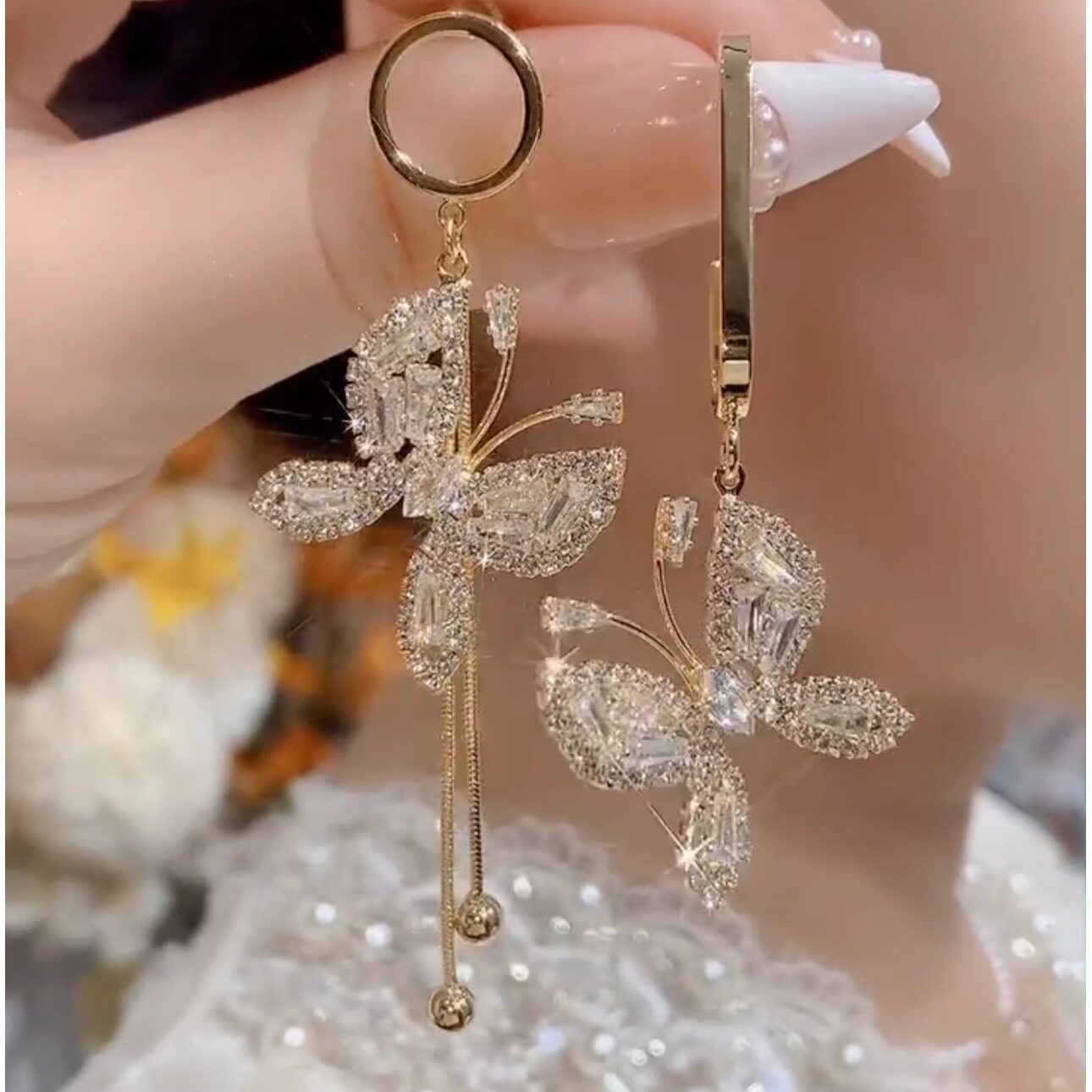 s925银针不对称锆石蝴蝶流苏耳钉