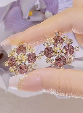 超闪紫色锆石水晶雪花耳钉女2023年新款时尚夸张耳环精致银针耳饰