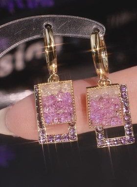 轻奢气质超仙紫色锆石水晶长方形耳环设计感精致百搭耳扣气质耳饰