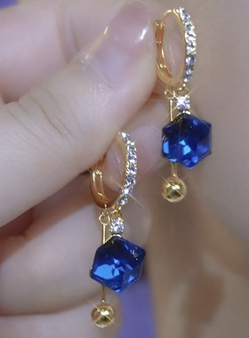 气质蓝色锆石方块流苏耳扣时尚百搭高级感耳环女轻奢水晶方糖耳饰