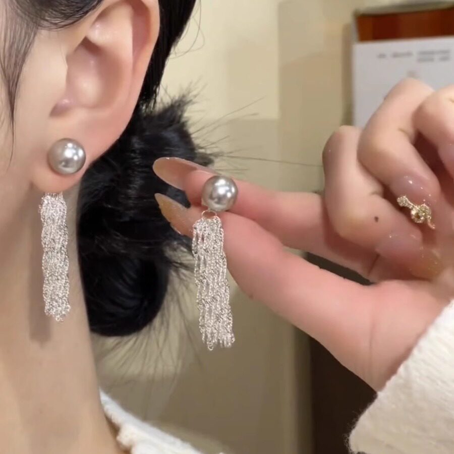 气质灰色珍珠瀑布流苏耳环女耳饰