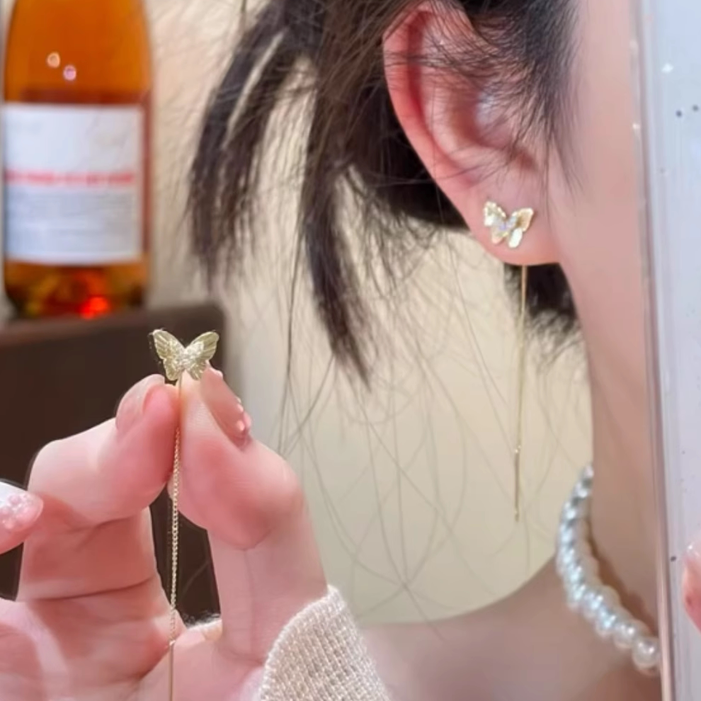 韩版金色蝴蝶流苏耳线气质耳饰女