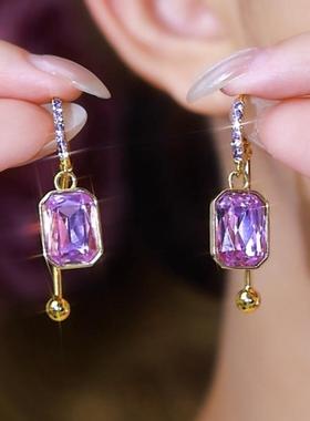 轻奢紫色水晶几何流苏耳环气质高级感长款耳扣小众气质显脸瘦耳饰