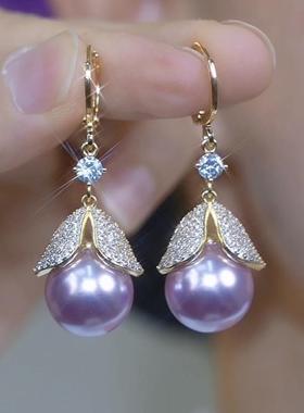 微镶锆石高级感紫色珍珠耳环女2024年新款超简约通勤小众耳饰耳扣