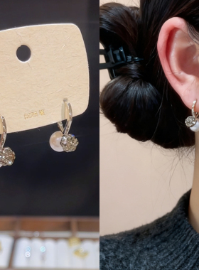 小众设计感轻奢灰色钻球珍珠交叉耳扣时尚气质百搭耳环精致耳饰女