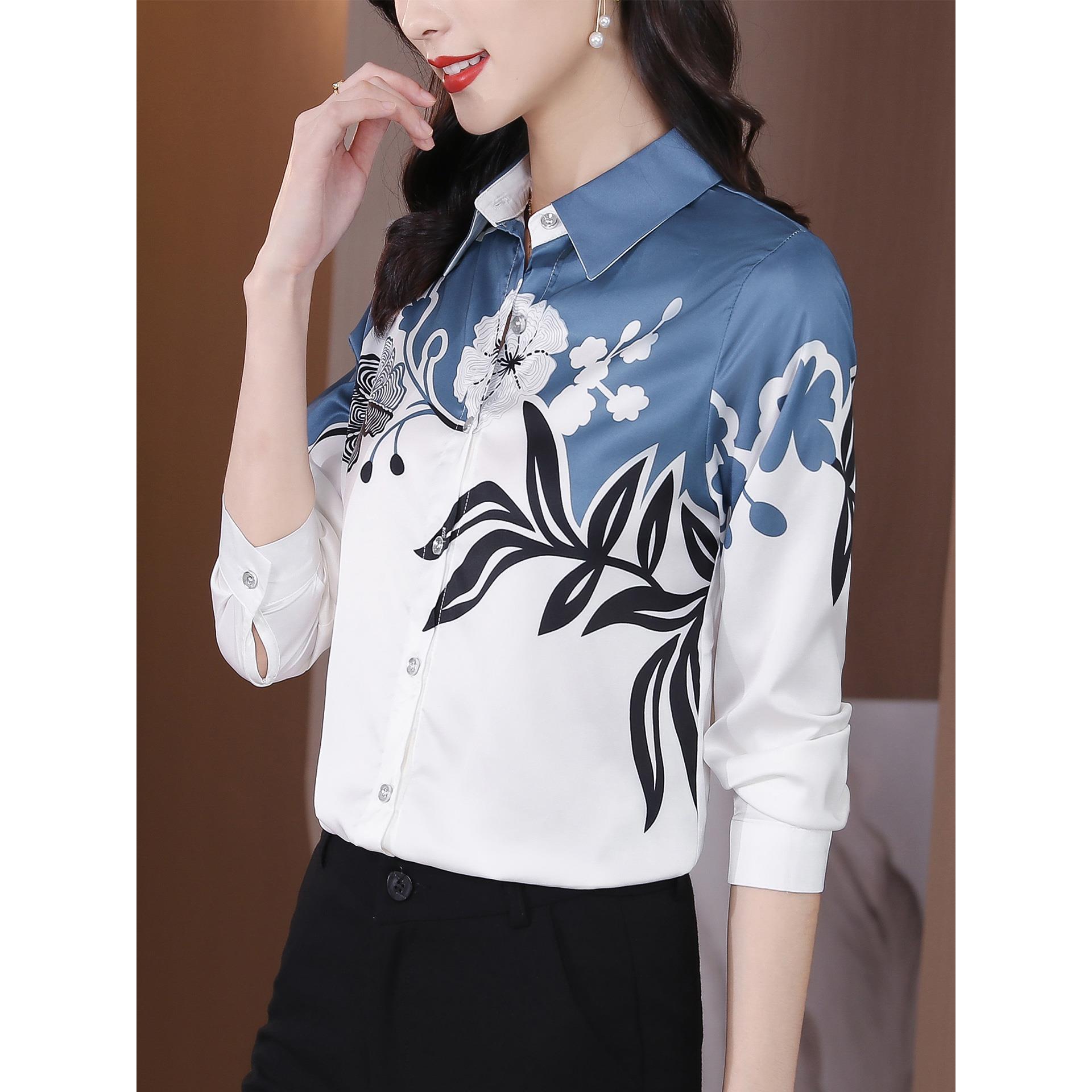 ROUMIKL时尚高端印花长袖衬衫女士秋装新款气质休闲衬衣洋气妈妈