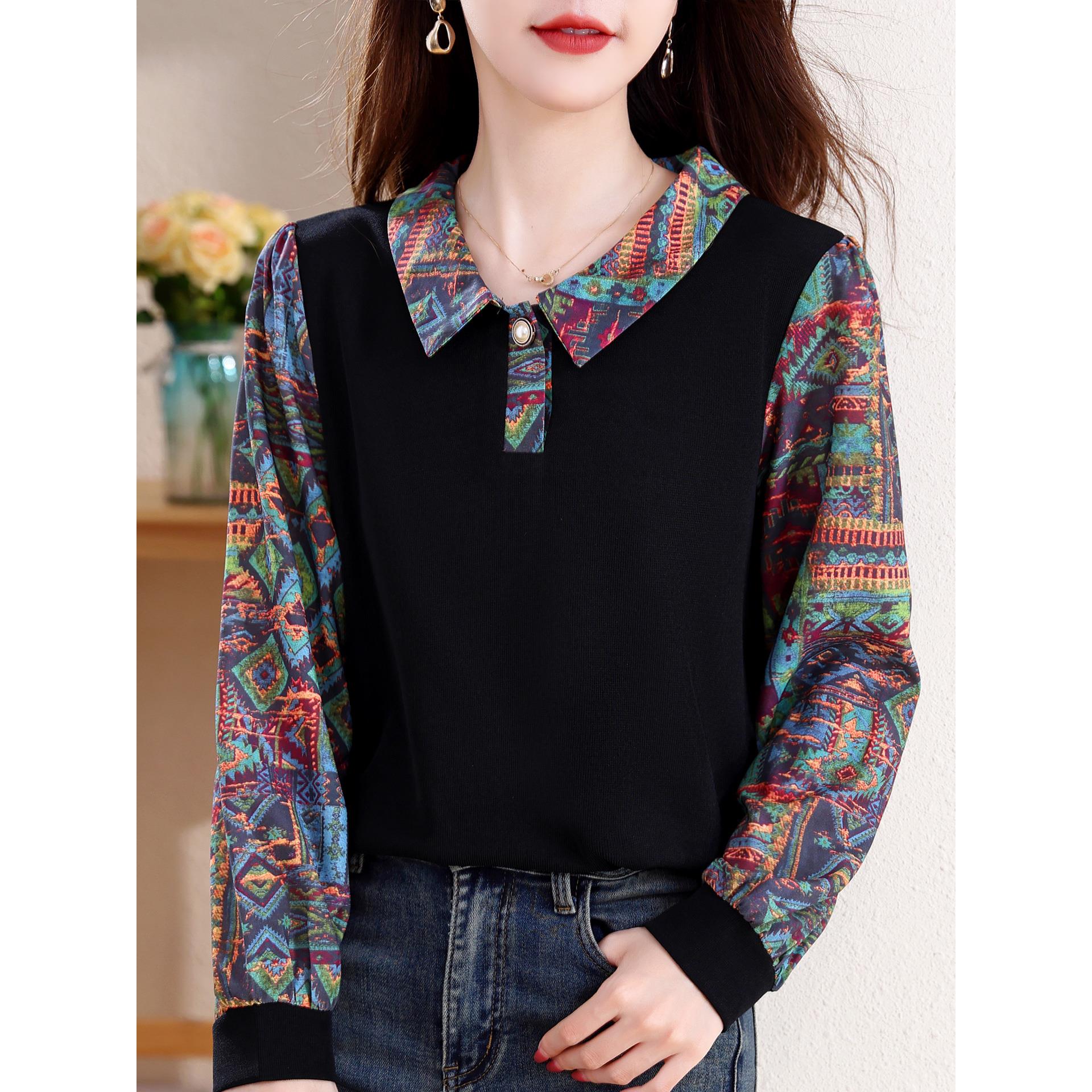 ROUMIKL时尚印花拼接假两件衬衫女秋装娃娃领显瘦打底衫百搭洋气