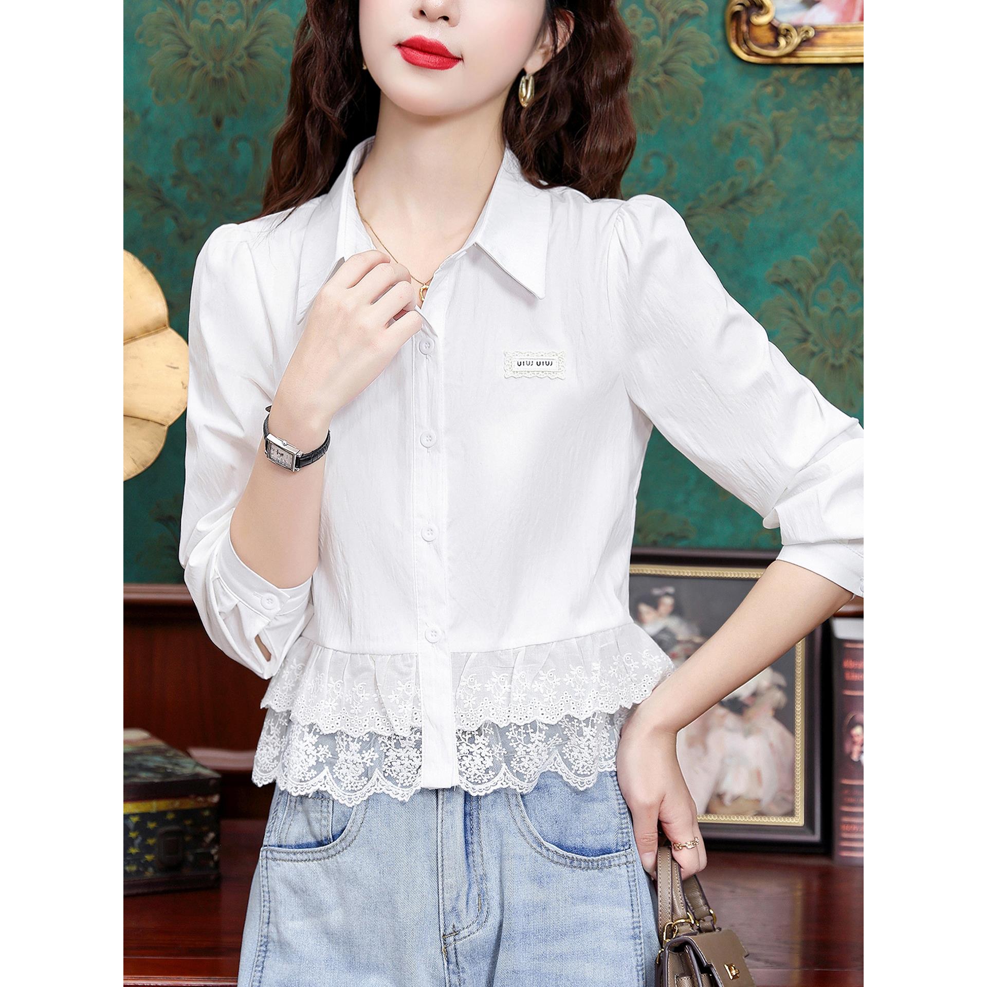 ROUMIKL设计感时尚拼接蕾丝下摆长袖衬衫女秋装别致气质小衫洋气