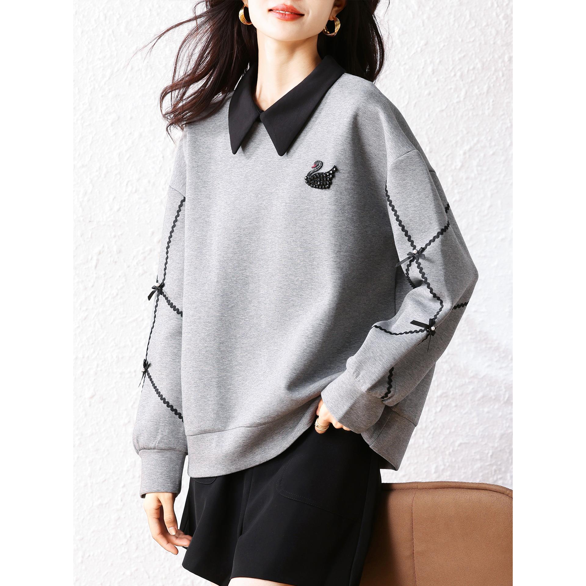 ROUMIKL高级感撞色翻领灰色卫衣女士秋冬加绒加厚宽松洋气质减龄