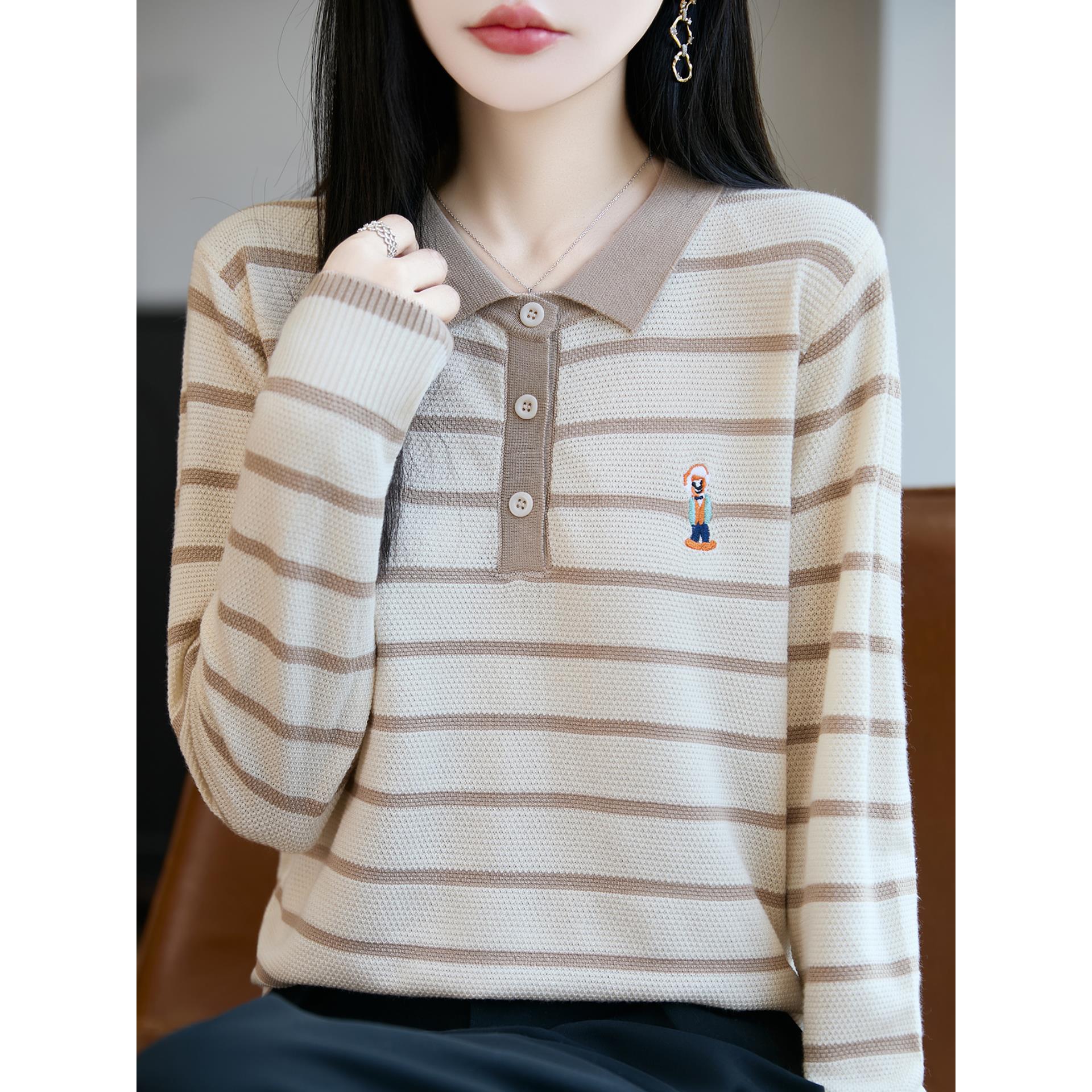 ROUMIKL2025新款气质减龄小众设计感上衣撞色条纹POLO领针织衫女