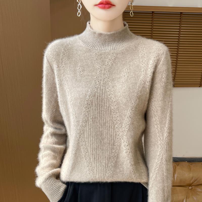 ROUMIKL一线成衣100%纯衫女半高领无缝镂空菱形毛衣宽松针织打底