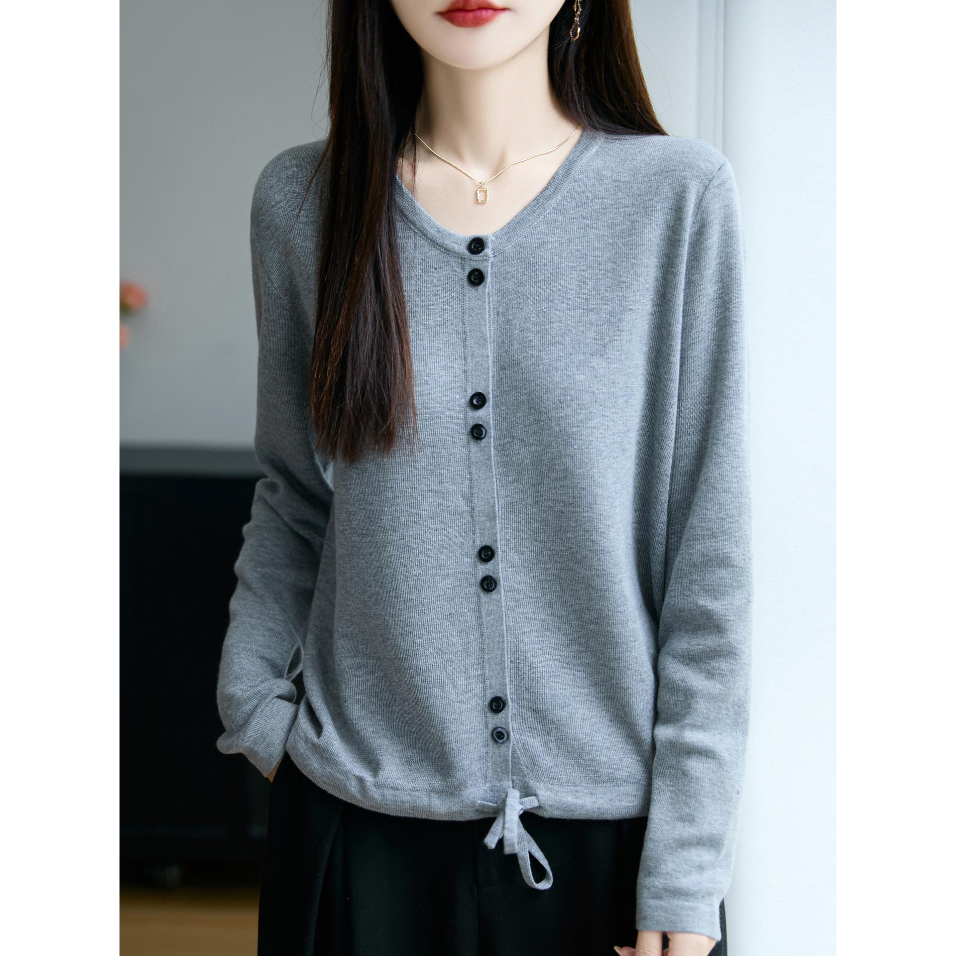 ROUMIKL设计感圆领抽绳针织开衫女毛衣外套2025新款纯色百搭长袖