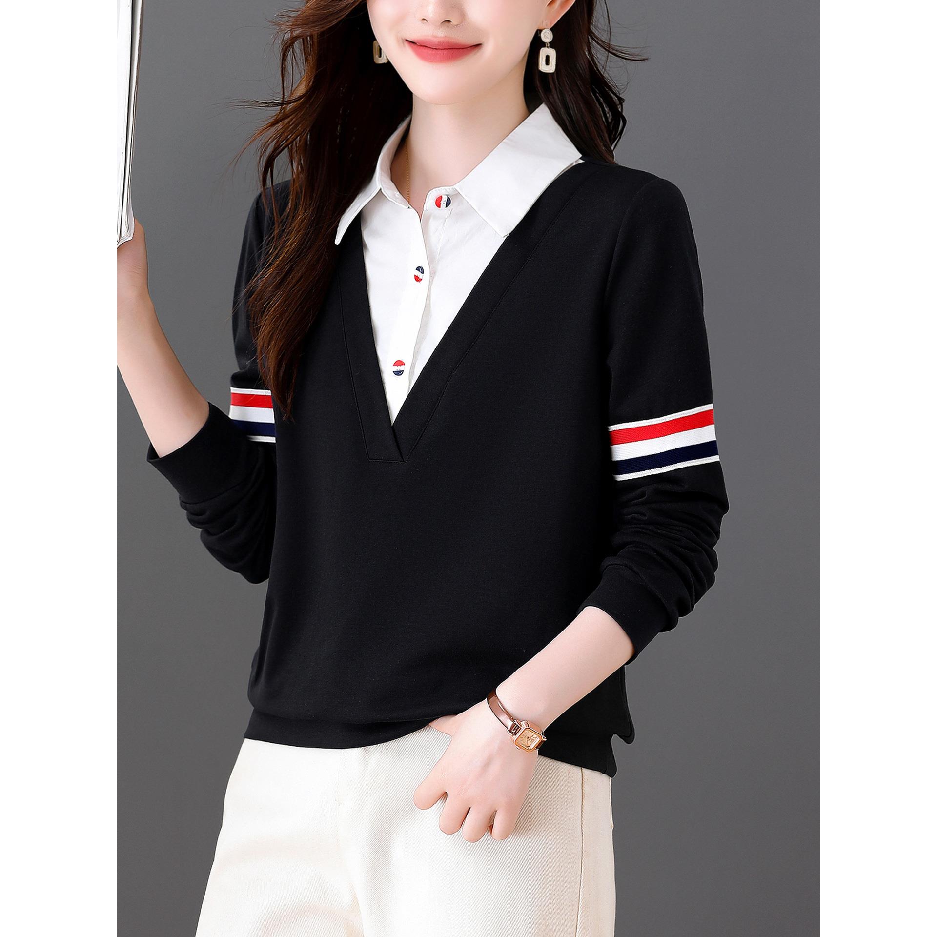 ROUMIKL时尚撞色假两件衬衫领卫衣女士秋冬百搭宽松休闲减龄洋气