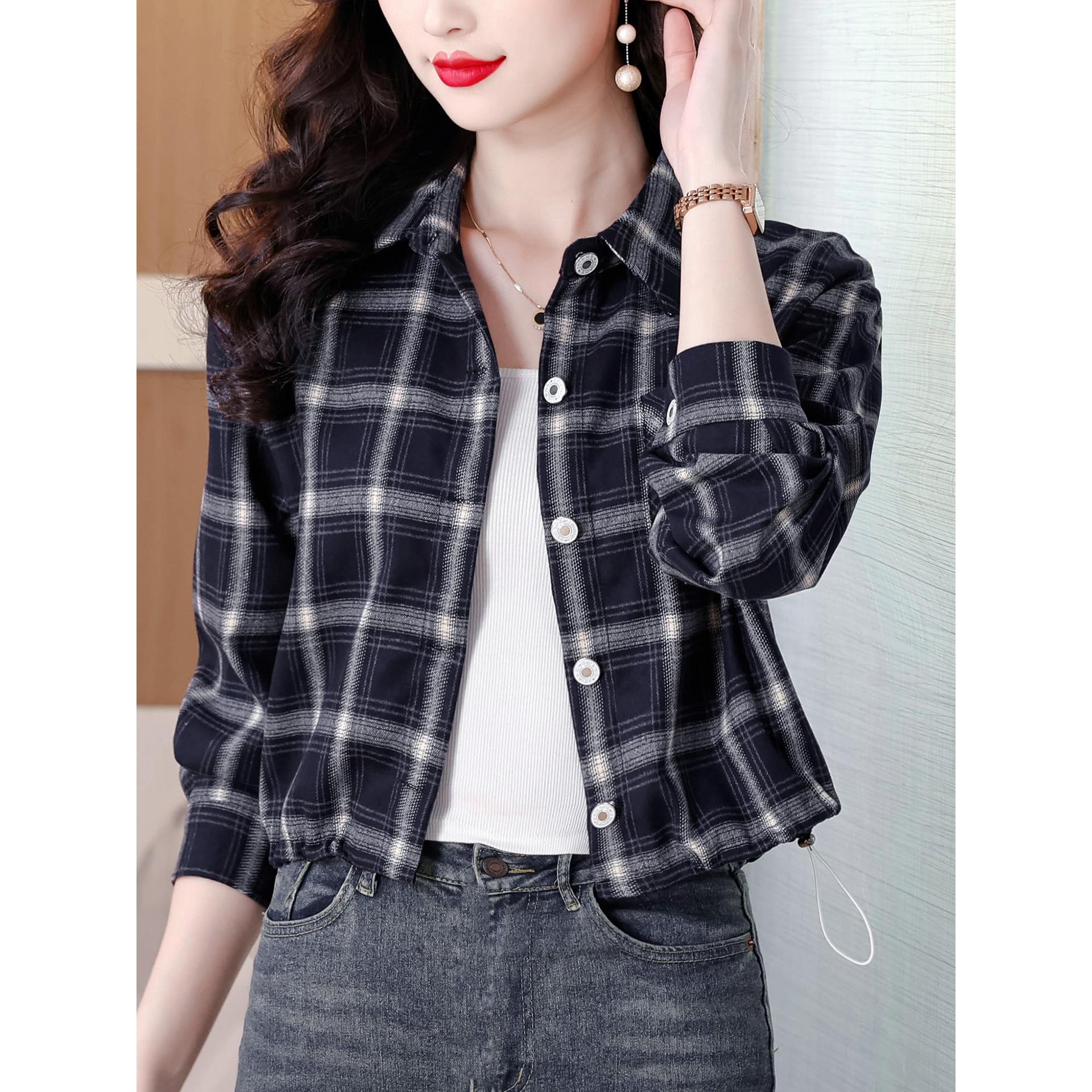 ROUMIKL港风覆古格子长袖衬衫女士秋装加厚叠穿衬衣外套显瘦气质