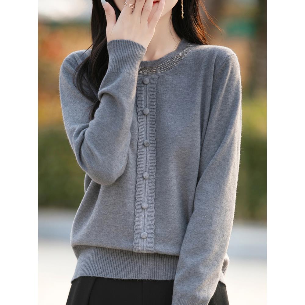 ROUMIKL重工烫钻小香风针织假开衫毛衣女2025新款洋气减龄保暖打