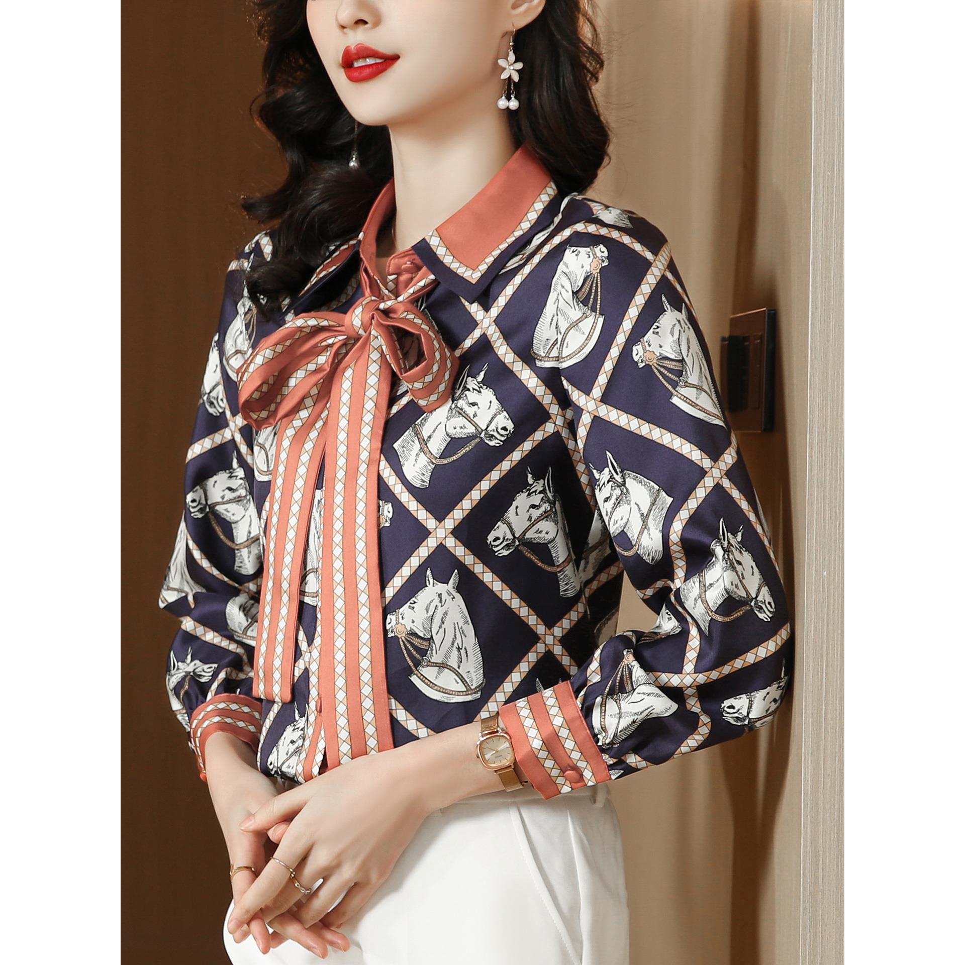 ROUMIKL覆古印花长袖衬衫女士秋装时尚气质飘带衬衣别致洋气妈妈