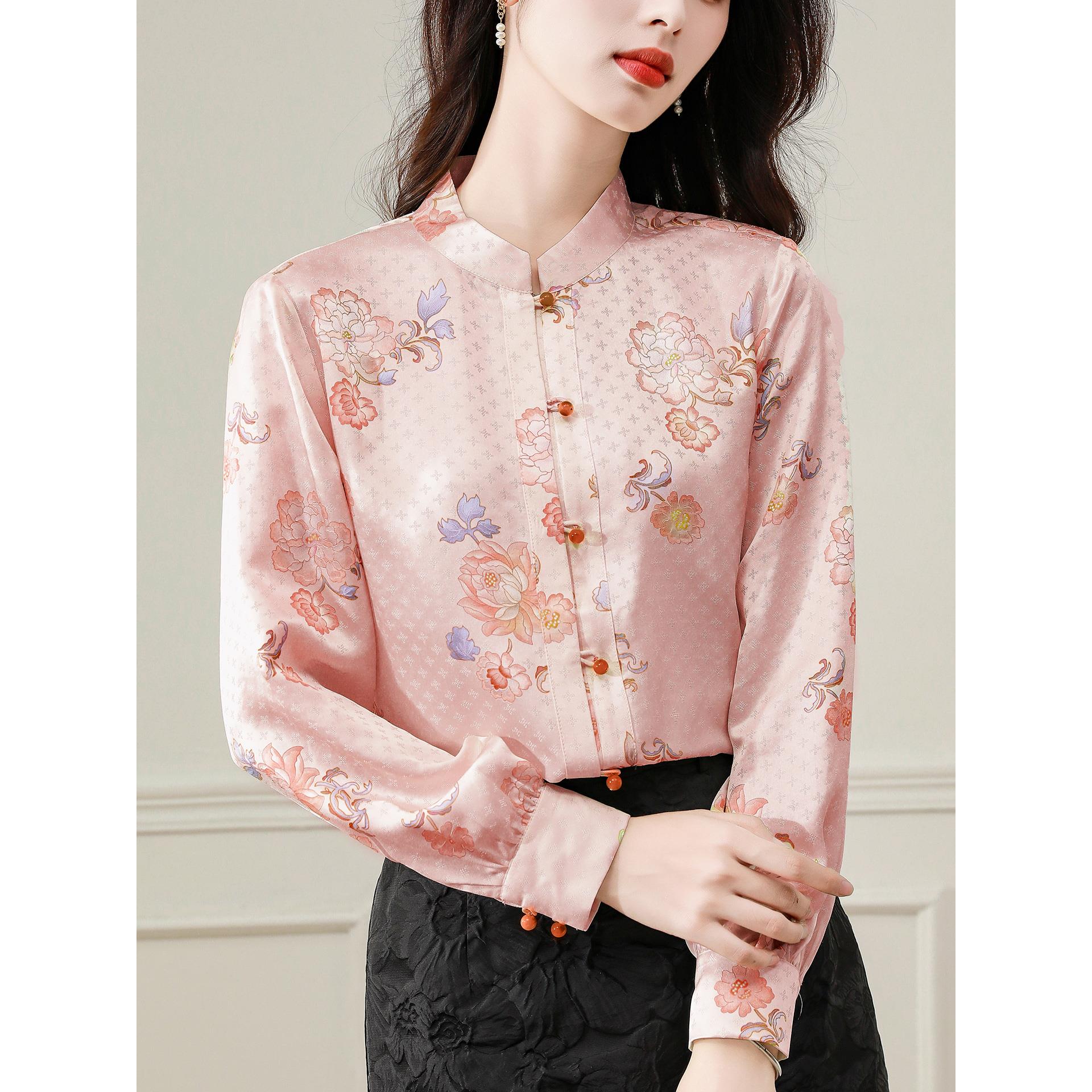 ROUMIKL新中式国风印花长袖衬衫女秋装气质对襟立领小衫高档洋气