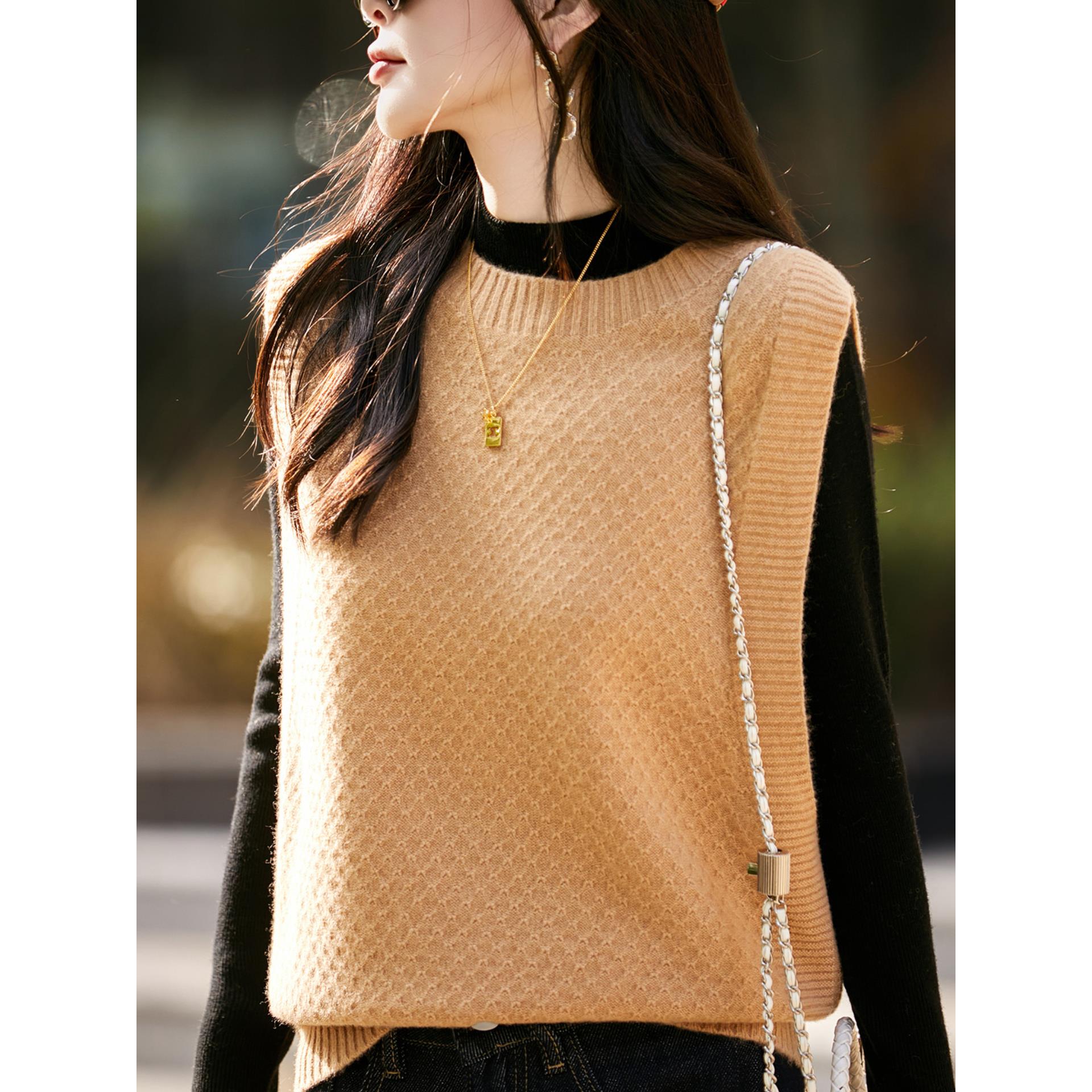 ROUMIKL一线成衣纯马甲背心女秋冬新款圆领加厚叠穿无袖针织坎肩