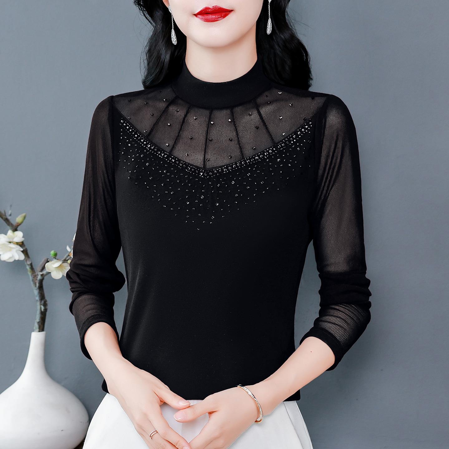 ROUMIKL半高领加绒网纱长袖打底衫女秋冬高级感内搭小衫修身洋气