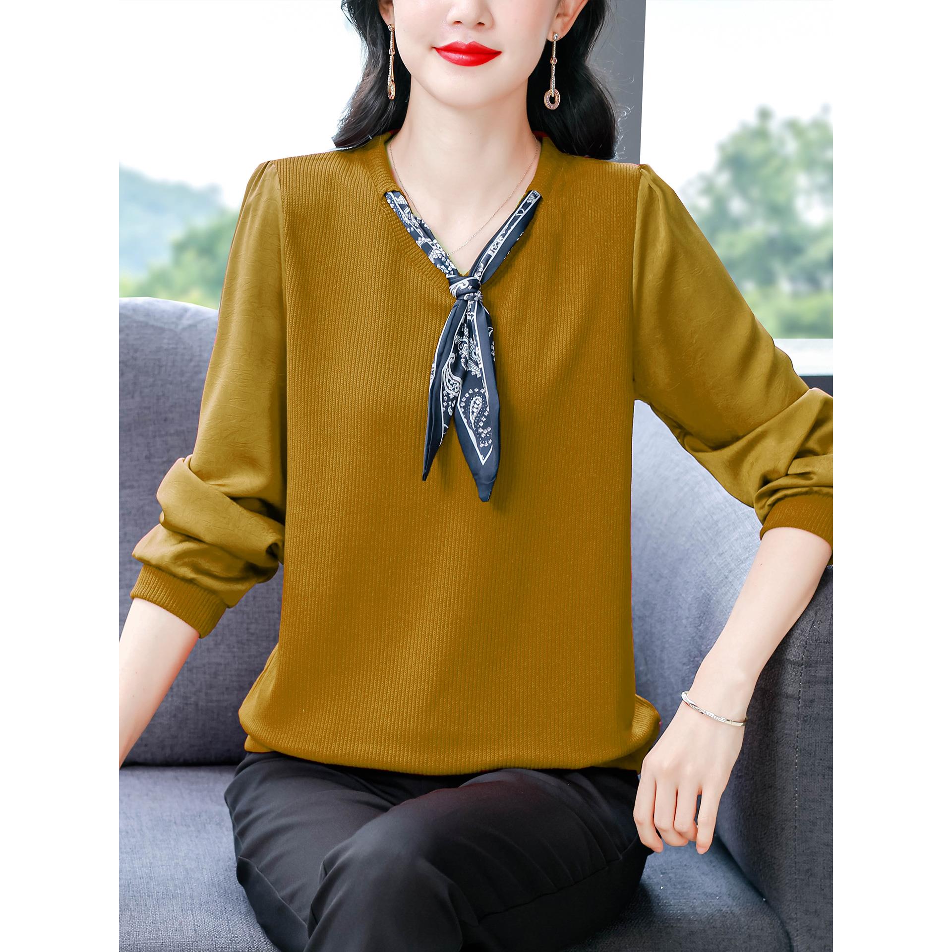 ROUMIKL设计感丝巾V领长袖T恤女秋装新款宽松遮肚子小衫洋气妈妈