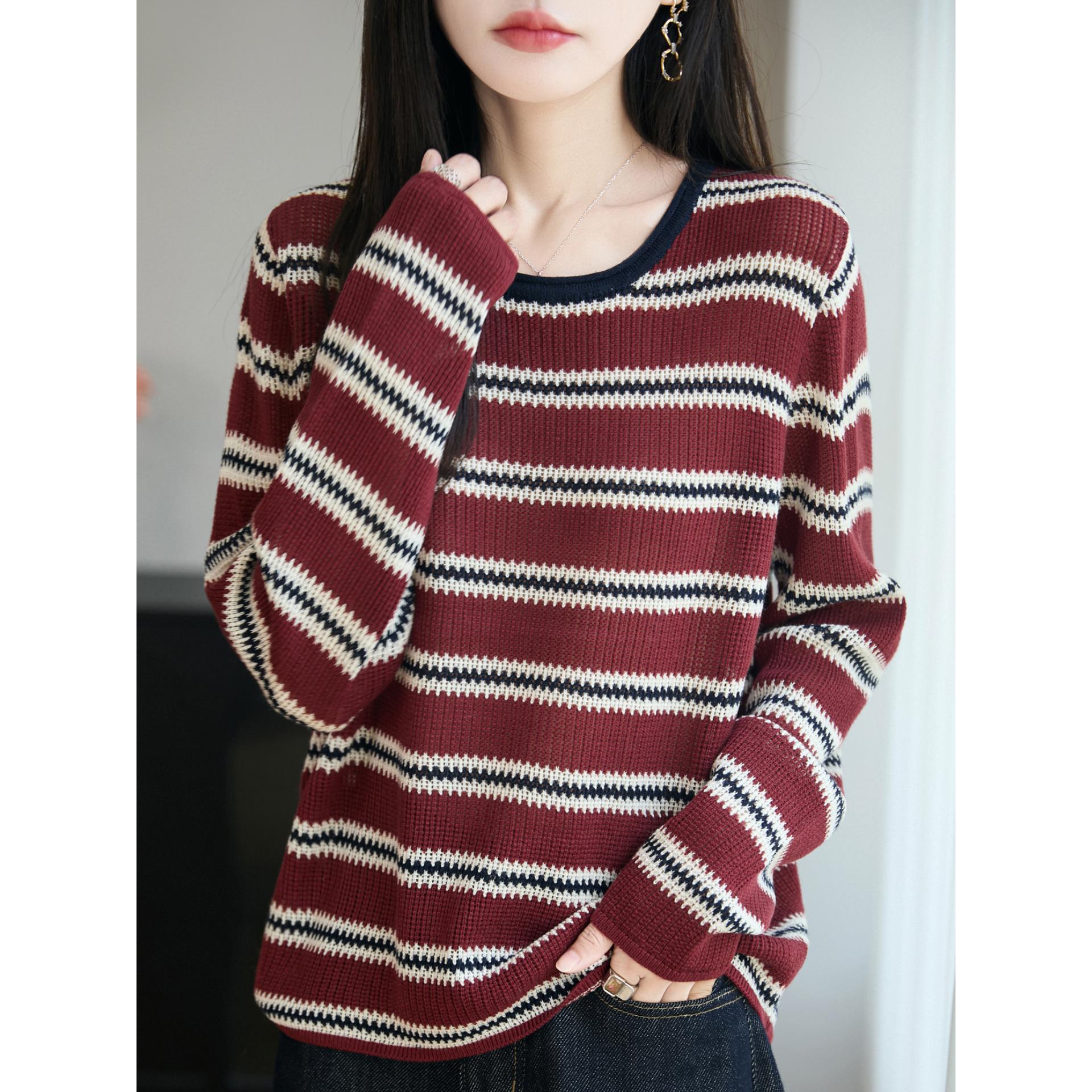 ROUMIKL韩系时尚覆古圆领撞色条纹宽松毛衣女设计感针织衫秋冬洋