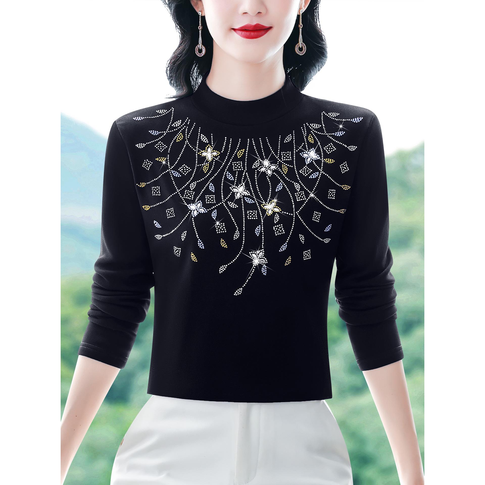 ROUMIKL重工烫钻半高领网纱打底衫女士秋冬内搭显瘦洋气妈妈长袖