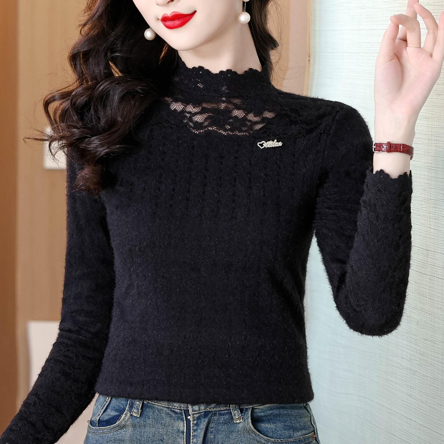 ROUMIKL磨毛加绒加厚蕾丝打底衫女秋冬内搭保暖长袖T恤修身洋气立