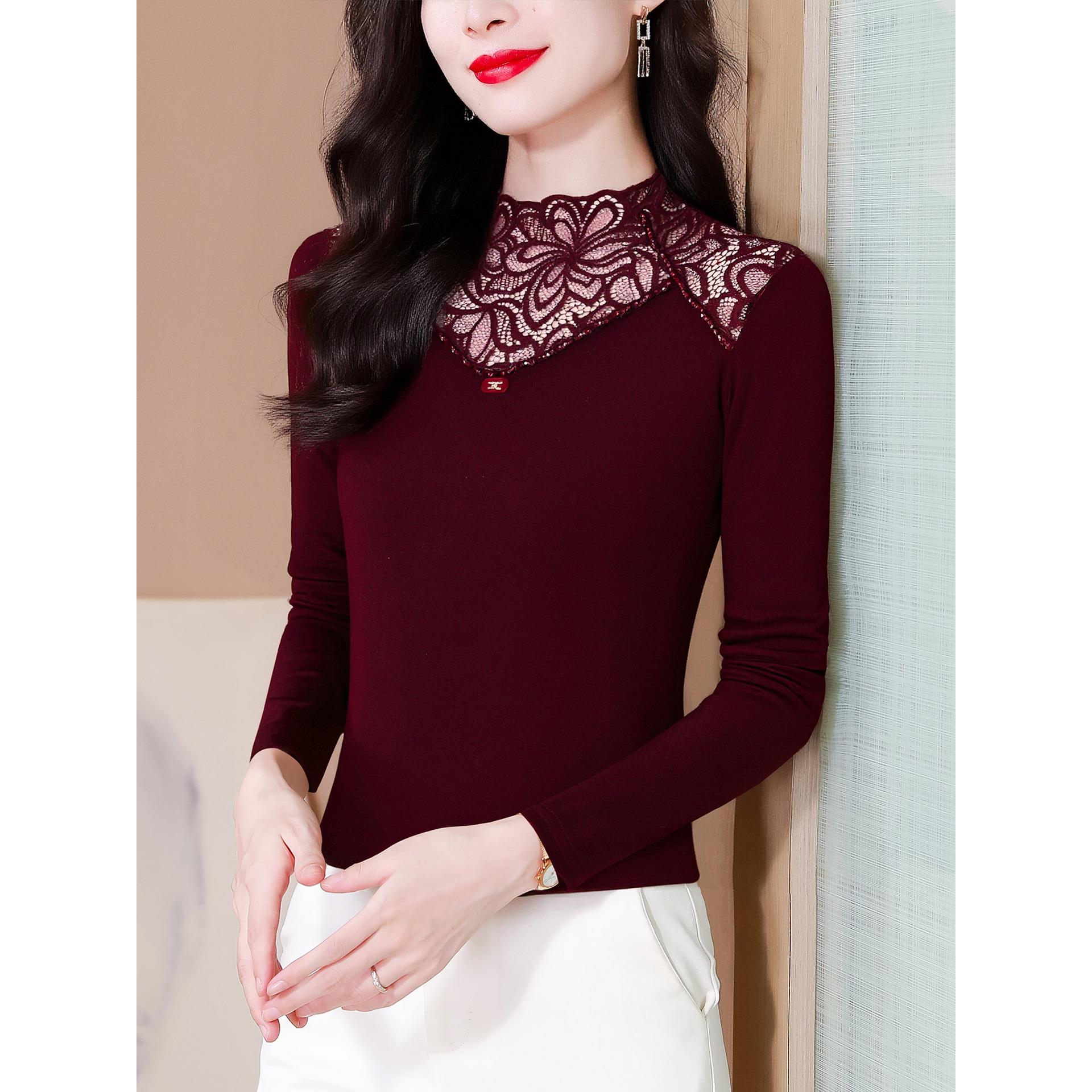 ROUMIKL蕾丝拼接加厚打底衫女秋冬内搭保暖小衫时髦显瘦洋气妈妈