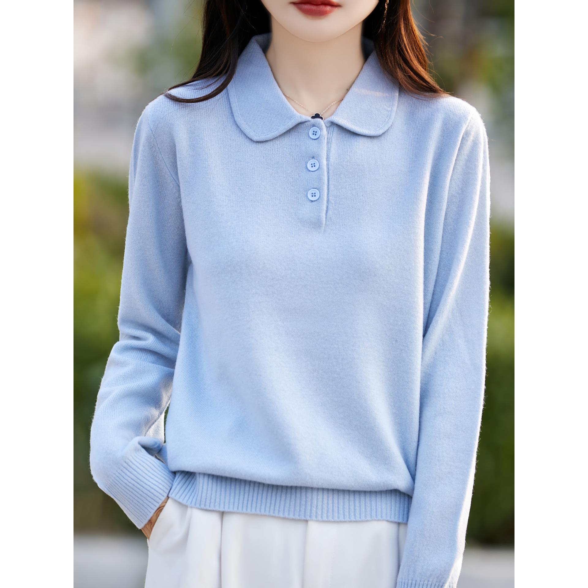 ROUMIKL高端POLO领100%纯加厚毛衣女2025冬季通勤针织打底衫内搭