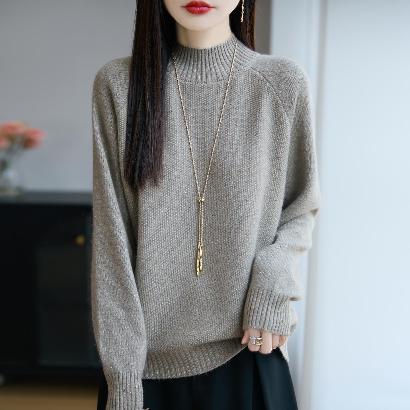 ROUMIKL重磅加厚珠片彩纱半高领针织衫女miu系毛衣2025秋冬打底毛