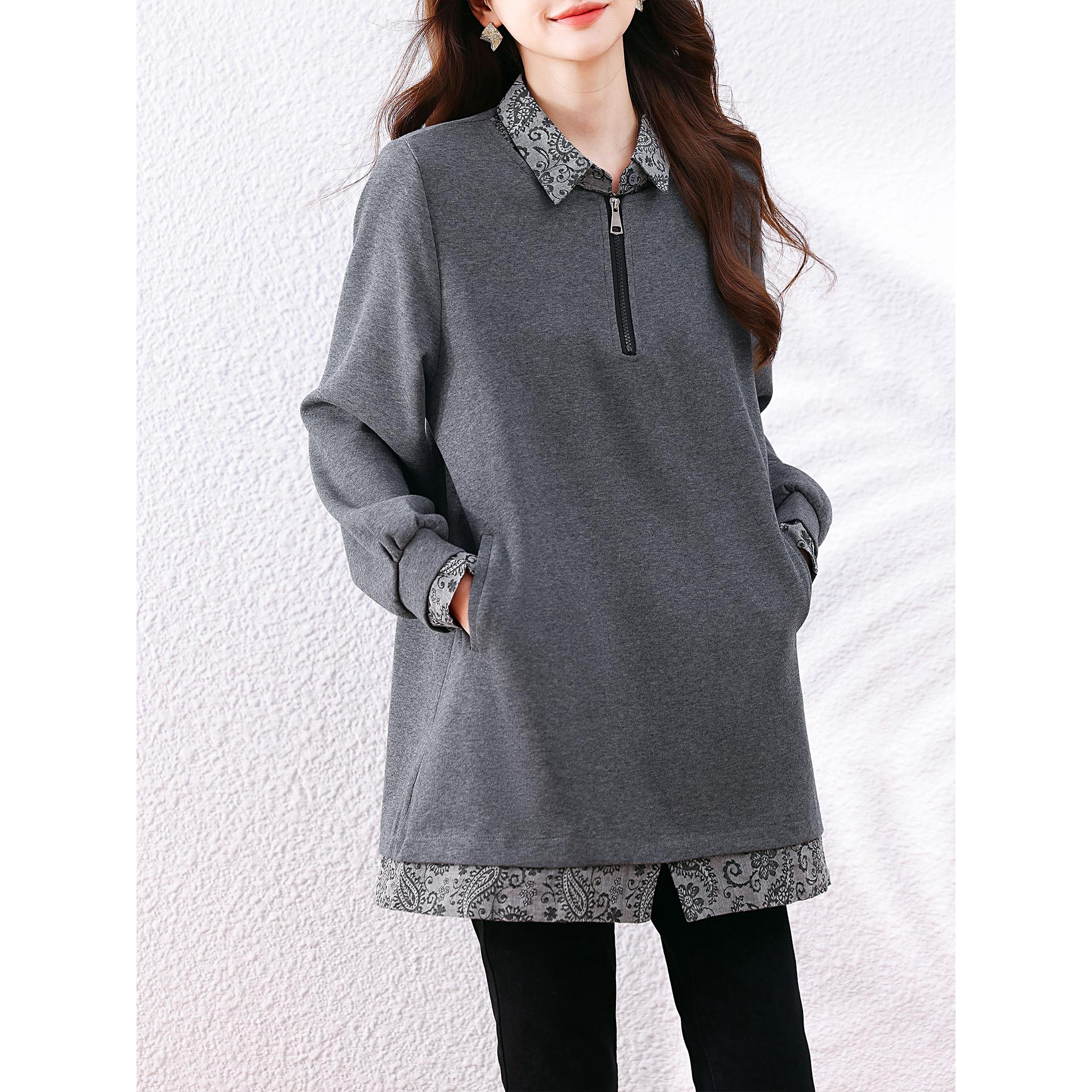 ROUMIKL时尚半拉炼翻领加绒加厚卫衣女秋冬宽松休闲洋气中长款假