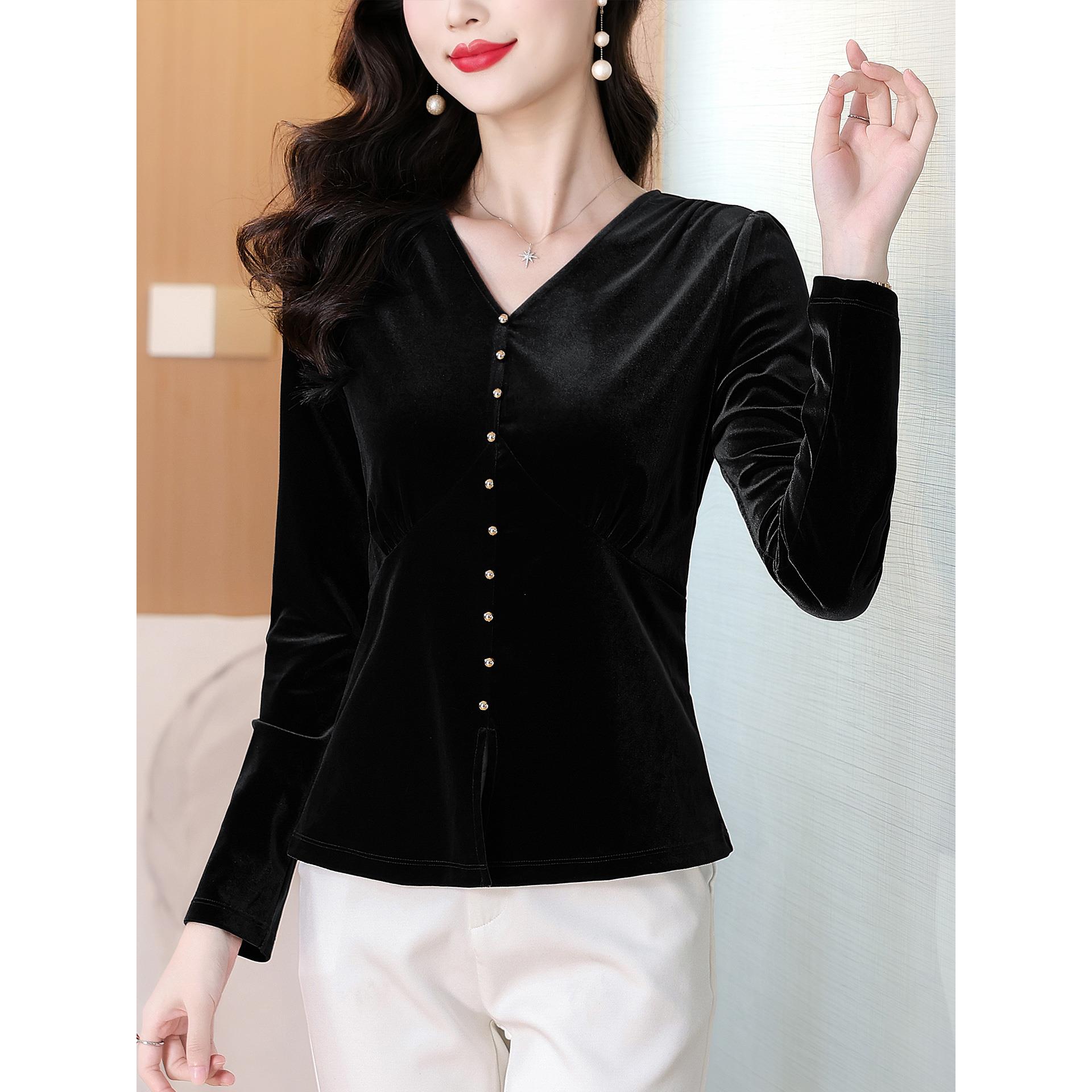 ROUMIKL时尚气质金丝绒V领长袖T恤女秋冬百搭显瘦打底衫高贵洋气