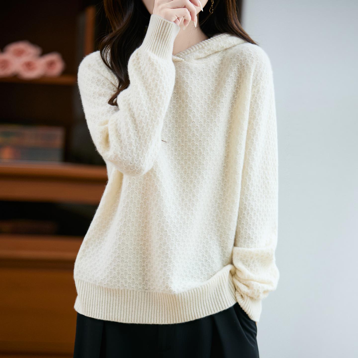 ROUMIKL连帽镂空针织衫女100纯秋冬帽衫宽松慵懒带帽打底毛衣卫衣