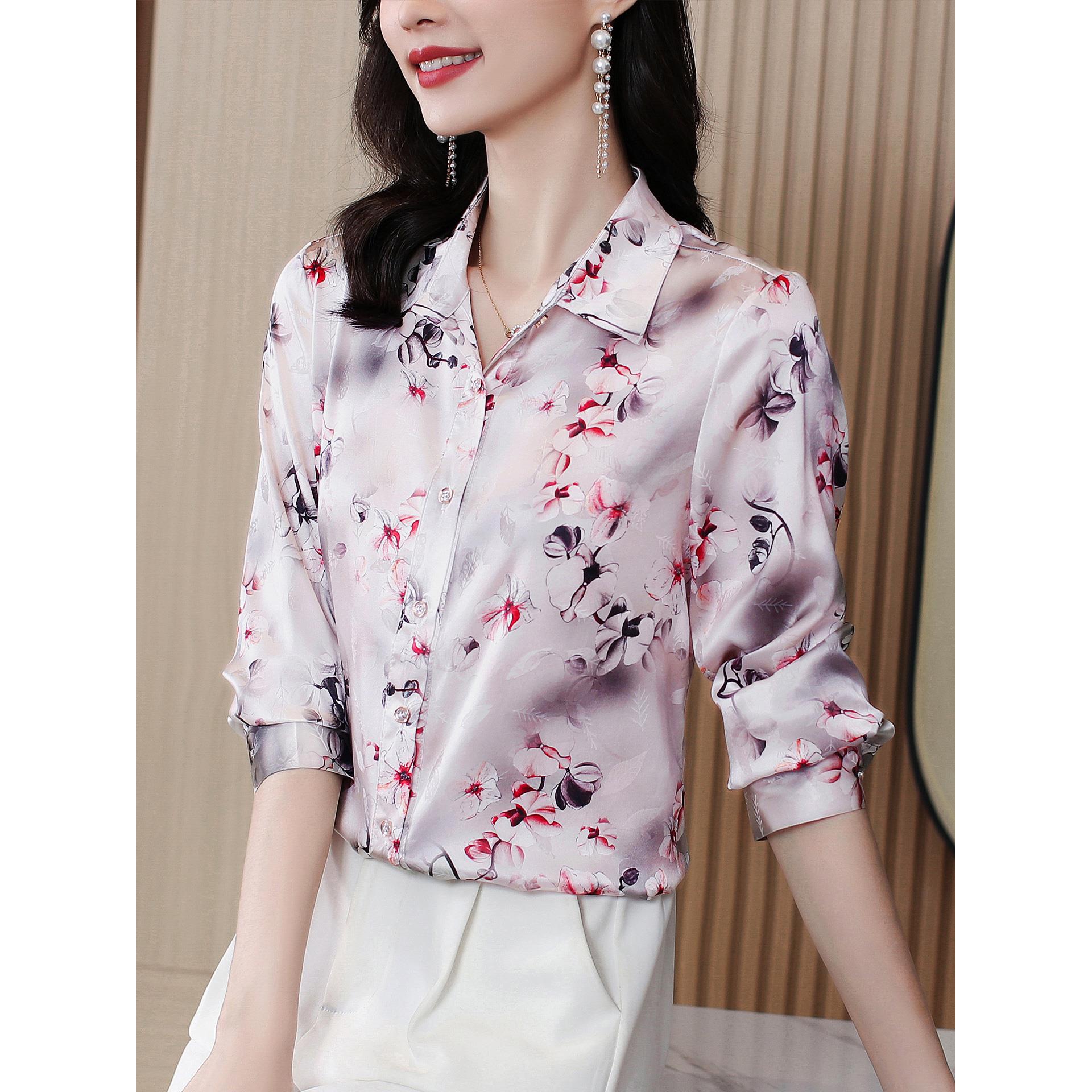 ROUMIKL高级感时尚印花长袖衬衫女秋装百搭气质休闲衬衣洋气妈妈