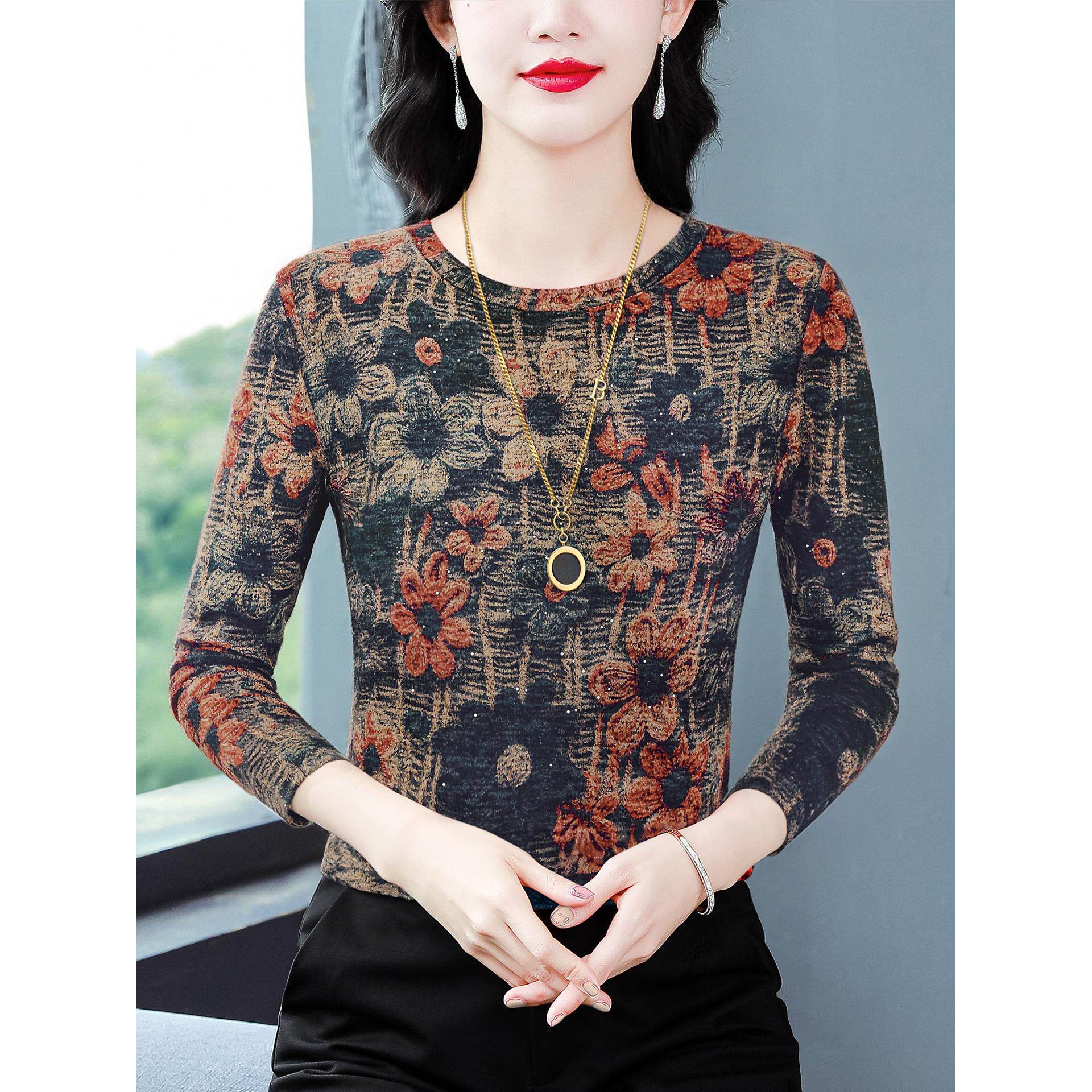 ROUMIKL时尚磨毛印花长袖T恤女秋冬内搭外穿显瘦打底衫百搭洋气妈