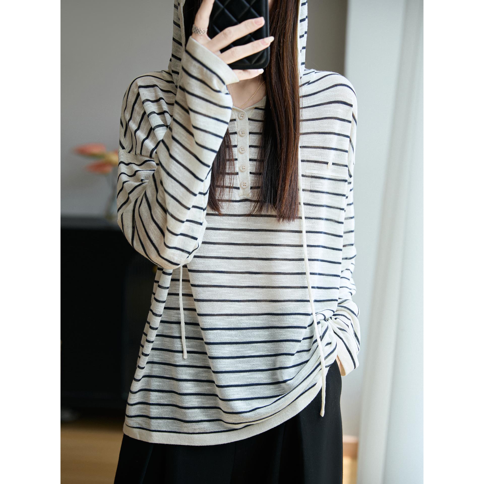 ROUMIKL法式减龄连帽条纹针织衫女休闲宽松慵懒风外搭上衣帽衫百